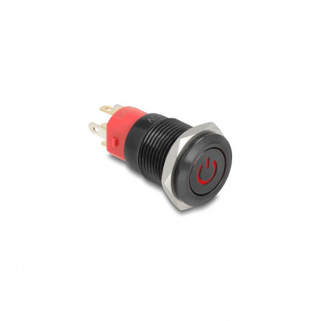 "Druckschalter zum Einbau schwarz 16 mm 12 V 5 x Lötanschluss LED rot rastend Powersymbol + Ring"