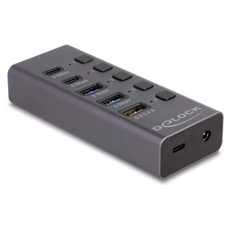 "USB 5 Gbps Hub mit 2 x USB Typ-A und 2 x USB Type-C™ Buchse und 1 x Schnellladeport + Schalter"