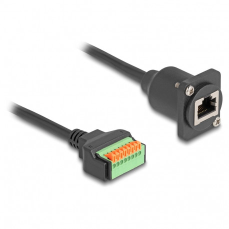 "D-Typ Kabel RJ45 Buchse zu Terminalblock mit Drucktaster Cat.5e schwarz 30 cm"