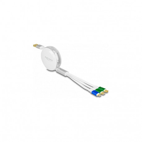 "Delock USB 3 in 1 Aufrollladekabel Typ-A zu Micro USB / 2 x USB Type-C™ mit Schnellladefunktion wei