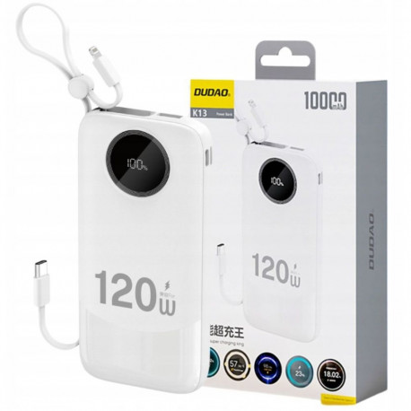 Dudao 120W fast charge built-in cable digital display 10000mAh White
