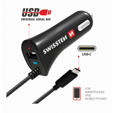 Swissten Premium Car charger 12 / 24V / 2.4A + non-detachable USB-C Data Cable 1m
