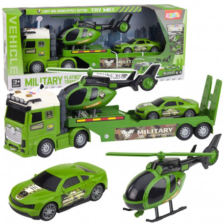 Sõjaväe komplekt veoauto, treileri, auto ja helikopteriga, valguse ja heliga