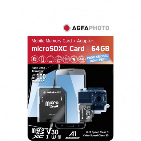 AgfaPhoto MicroSDXC UHS-I 64GB kiire C10 U3 V30 + adapter