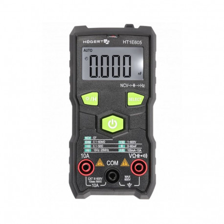 Hogert HT1E605 nutite multimeeter, 600V, 10A, 60MΩ, 60mF, 20mHz, TRUE RMS, NCV, DATA HOLD, LCD taust