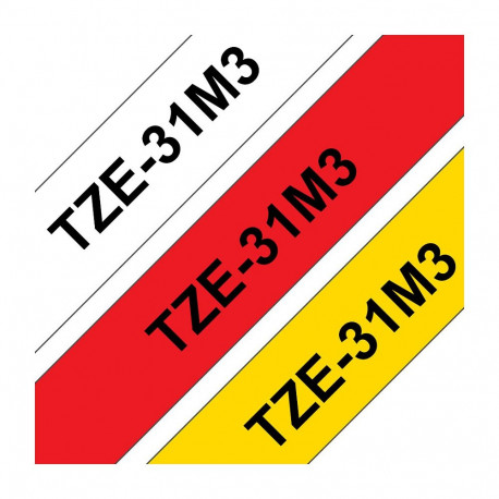 Brother TZE31M3 etiketilindi 3-pakk 12mm x 8m TZ231 valge/must TZ431 punane/must TZ631 kollane/must 