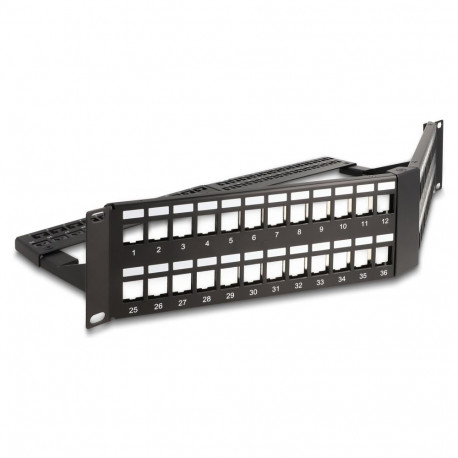 "Delock 19? Keystone Patchpanel 48 Port mit Entlastungsschiene 2 HE gewinkelt schwarz"