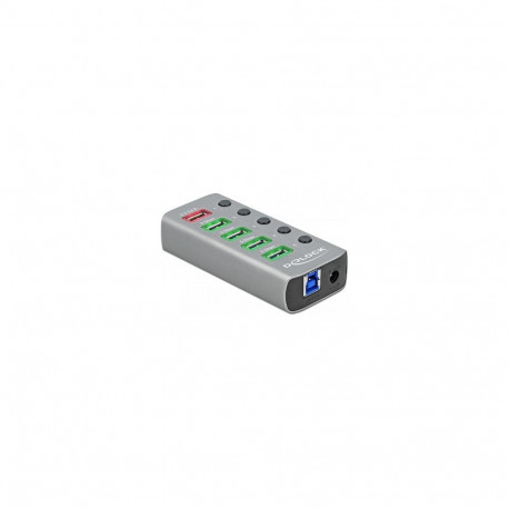 "DELOCK USB 3.2 Gen 1 Hub mit 4 Ports + 1 Schnellladeport + 1 USB-C PD 3.0 Port mit Schalter und Bel