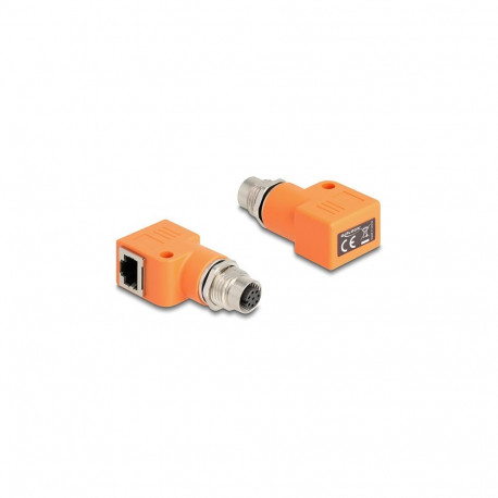 Delock M12 adapter A-koodiga 8 pin pesa RJ45 pesa Cat.5e kinnitusavaga 90° nurga all oranž
