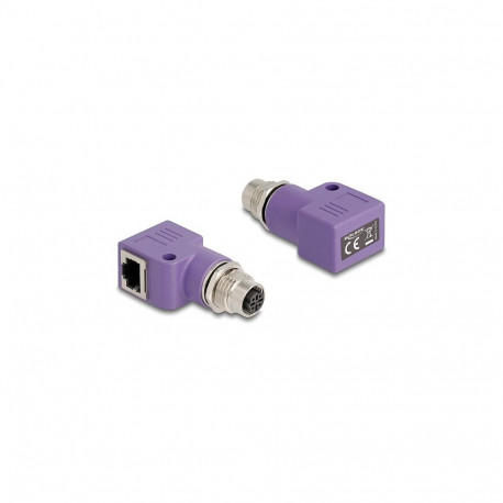 Delock M12 D-koodiga 4 Pin pesa RJ45 pesaks Cat.5e adapter kinnitusauguga 90° nurgaga lilla