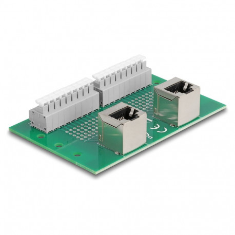 "Delock RJ45 2 x Buchse zu 2 x Terminalblock mit Drucktaster für Hutschiene gewinkelt"