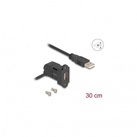 "Keystone Modul USB 2.0 Typ-A Einbaubuchse 45° gewinkelt zu Typ-A Stecker mit 30 cm Kabel schwarz"