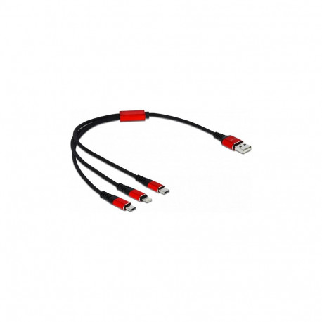 Delock 3-ühes USB laadimiskaabel tüüp-A - Lightning™ / Micro USB / USB Type-C™ 30 cm must / punane