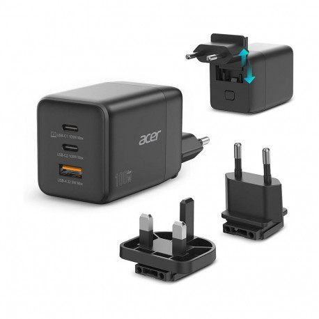 "Acer GaN 100w 2 x USB-C + 1x USB-A ports. black"