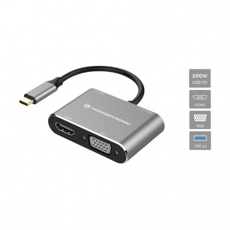 "CONCEPTRONIC 4-1 Dock USB-C->HDMI.USB3.0.VGA.100WPD 15cm gr"