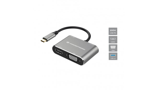 Conceptronic 4-1 dokkimisjaam USB-C->HDMI.USB3.0.VGA.100WPD 15cm hall