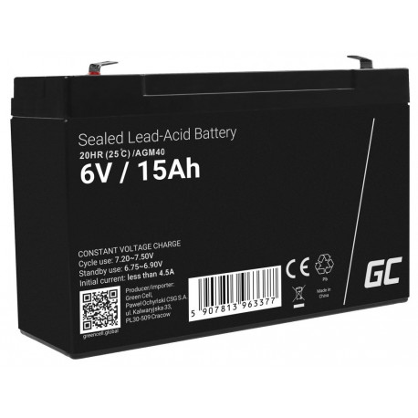Green Cell AGM40 UPS aku suletud plii-happe (VRLA) 6 V 15 Ah