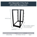 "25U Adjustable Depth Open Frame 4 Post Server Rack w/ Casters Levelers and Cable Management Hooks"