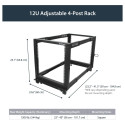 "StarTech 12U Adjustable Depth Open Frame 4 Post Server Rack w/ Casters / Levelers and Cable Managem