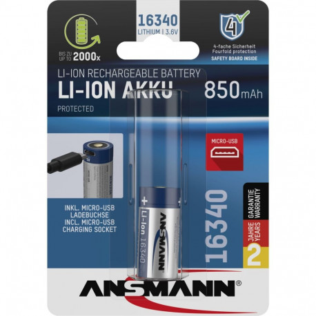 Ansmann 16340 liitiumioonaku 850mAh 3,6V micro-USB sisend 1300-0015