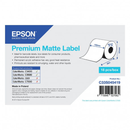 Epson etiketirull 102mm 35 meetrit valge premium matt