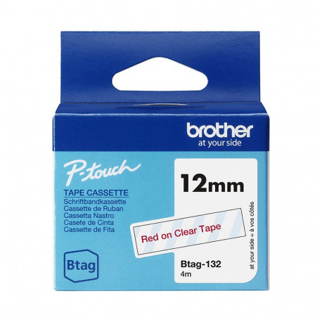 Brother Btag-132 etiketiteip (12mm, punane läbipaistval, lamineerimata)