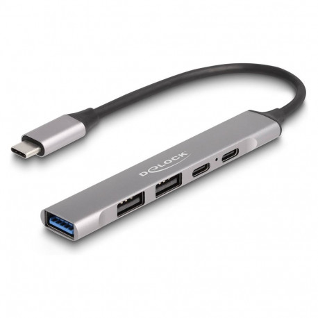 DELOCK 4-pordiline õhuke USB Type-C jaotur, 1 x USB 10 Gbps Typ-A + 2 x USB 2.0 Typ-A + 1 x USB 2.0 