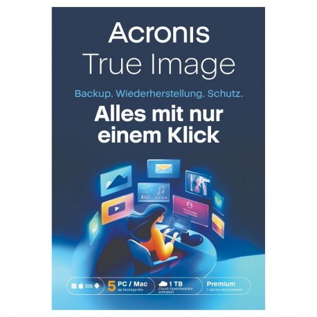 Acronis True Image Premium 5 arvutit + 1TB Acronis pilvesalvestus 1-aastane tellimus ESD-allalaadimi