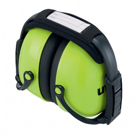 Uvex K2 foldable earmuffs – SNR 31 dB noise reduction, neon green hi-viz, adjustable padded headband