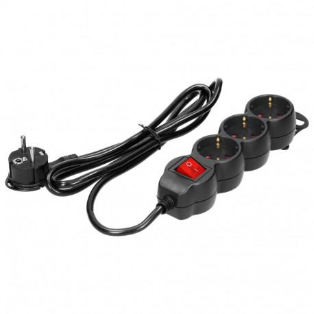 Przedłużacz 3-krotny 2P+Z (Schuko) , z wyłącznikiem, 3m H05VV-F 3x1,5mm2, Imax=16A, płaska wtyczka, 