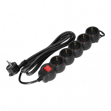 Przedłużacz 5-krotny 2P+Z (Schuko), z wyłącznikiem, 5m H05VV-F 3x1,5mm2, Imax=16A, płaska wtyczka, c