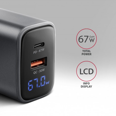 AXAGON seinulaadija ACU-PQ67D 67W USB-A + USB-C PD3.0/PPS/QC4+/SF