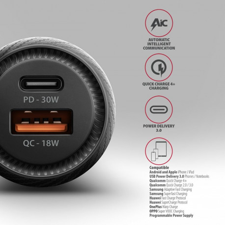 AXAGON autolaadija PWC-PQ48 48W USB-A + USB-C PD3.0/PPS/QC4+/SFC