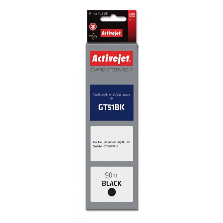 Activejet AH-GT51BK Ink Bottle (Replaces HP GT51BK M0H57AE; Supreme; 90 ml; 6000 pages, black).