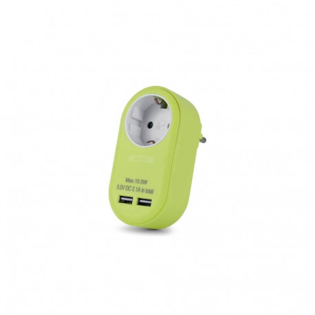 Entac Power Adapter 1 Grounded Socket and 2 USB (total 2.1A) Lime