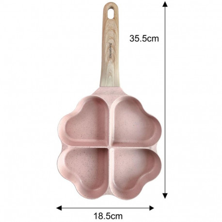 Patelnia z powłoką nieprzywieralną, 4 sekcje w kształcie serca, różowa z drewnianą rączką, 35,5x19,2