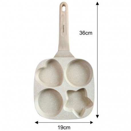 Patelnia z powłoką nieprzywieralną, beżowa z drewnianą rączką, 4 sekcje w różnych kształtach, 36x19x