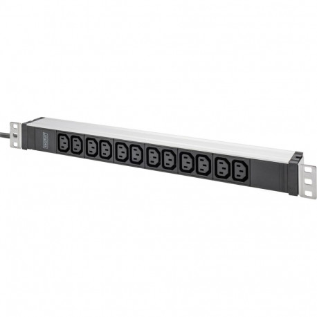 Steckdosenleiste 19" PDU mit Aluminiumprofil, 12-fach C13 (schwarz/aluminium, 2 Meter Kabel, 1 HE, 1