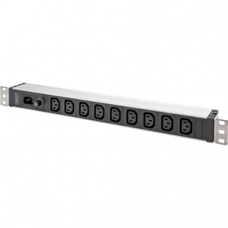 19" pistikuriba 1HE 9x C13 alumiiniumprofiiliga IEC C14 sisend 10A kaitselüliti, must/alumiinium