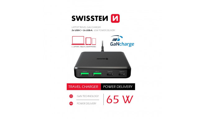 Swissten Desktop GaN Charger 2x USB-C /  2x USB / 65W