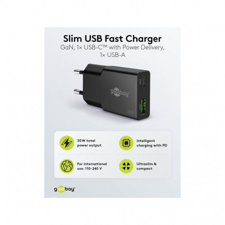 goobay 30W USB-C PD GaN dual fast charger slim 1x USB-C port (Power Delivery) and 1x USB-A port (Qui