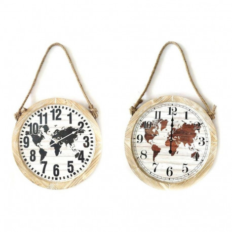 Wall Clock DKD Home Decor Black Brown Rope MDF Wood World Map (2 pcs) (50 x 4 x 50 cm)