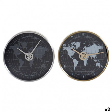 Wall Clock DKD Home Decor Black Golden Silver Aluminium Crystal World Map 30 x 4,3 x 30 cm (2 Units)