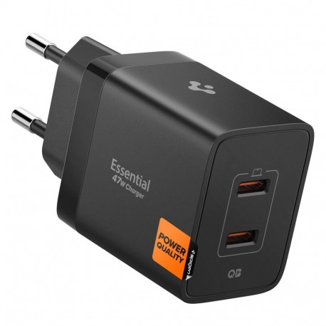 Toalaadija adapter Essential 47W Dual, 2x USB-C juhtmele, must, GaN-Pro kiirlaadimine, EE472EU, Spig