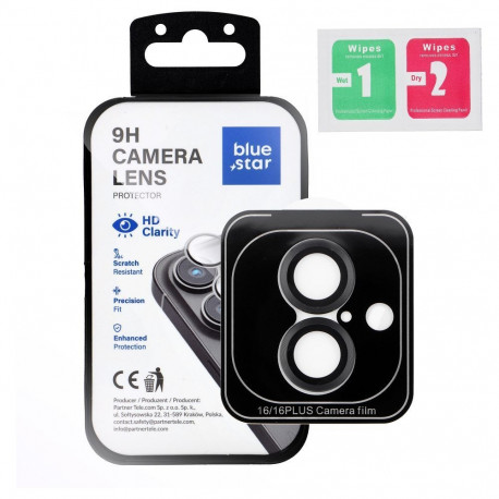 Tempered Glass Camera Lens Protector for iPhone 16 / 16 PLUS Blue Star Easy Install black