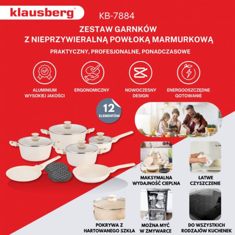 Zestaw garnków, 12 elementów, aluminium z powłoką markurkową, kremowe, klausberg, kb-7884