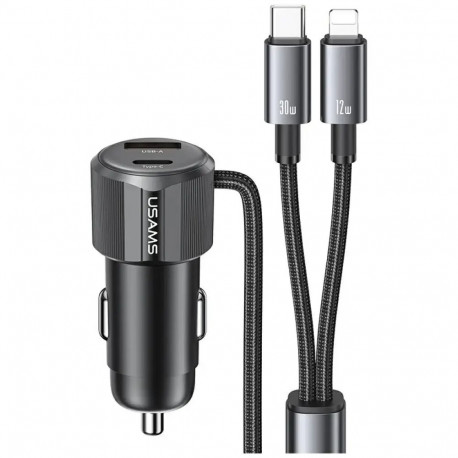 USAMS YT Series CC287 car charger | 66W | USB-A, USB-C | with USB-C/Lightning cable included | gray