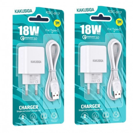 KAKUSIGA KSC-917 travel charger | 18W | USB-A | with USB-C to USB-C cable included | white