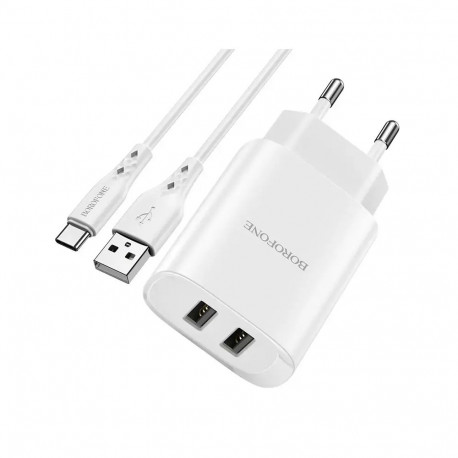 Borofone BN2 travel charger | 10.5W | USB-A, USB-C | with USB-C cable included | white
