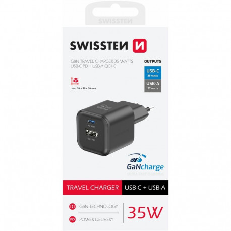 Laadija Swissten GaN USB-C 35W/USB-A 27W